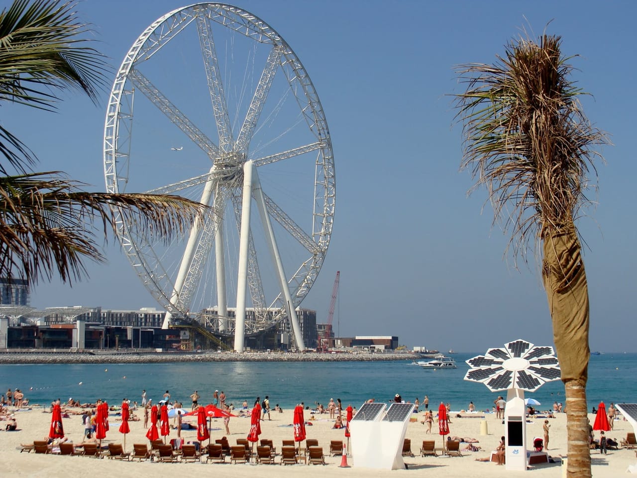Ain Dubai с пляжа JBR: шезлонги и пальмы на песке